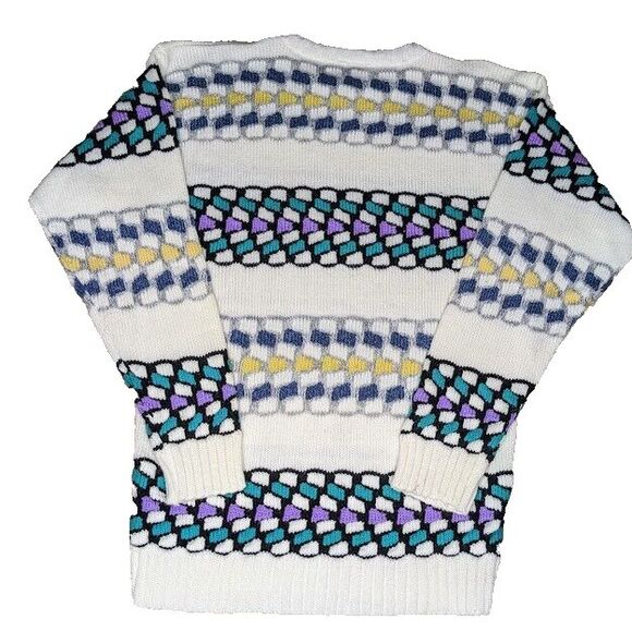 Vintage 1980s Sweater Womens Large Out of Bounds Patterned Dad Knit Crewneck - Picture 2 of 4